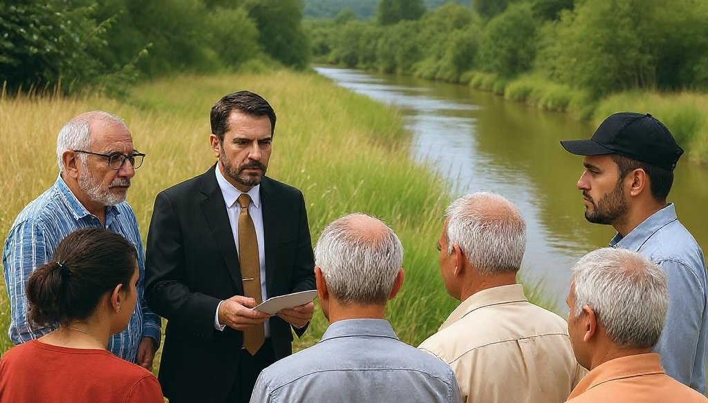 abogado con grupo de personas conversando a la orilla del río